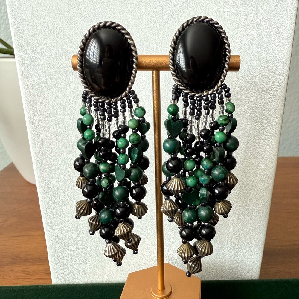 Vintage Boho Long Black Glass Cabochon & Green Beaded Dangle Clip On Earrings